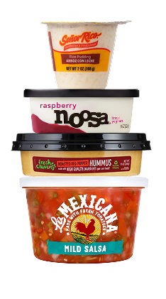 Señor Rico rice pudding, Noosa raspberry yogurt, Fresh Cravings roasted red pepper hummus, and La Mexicana mild salsa stacked vertically