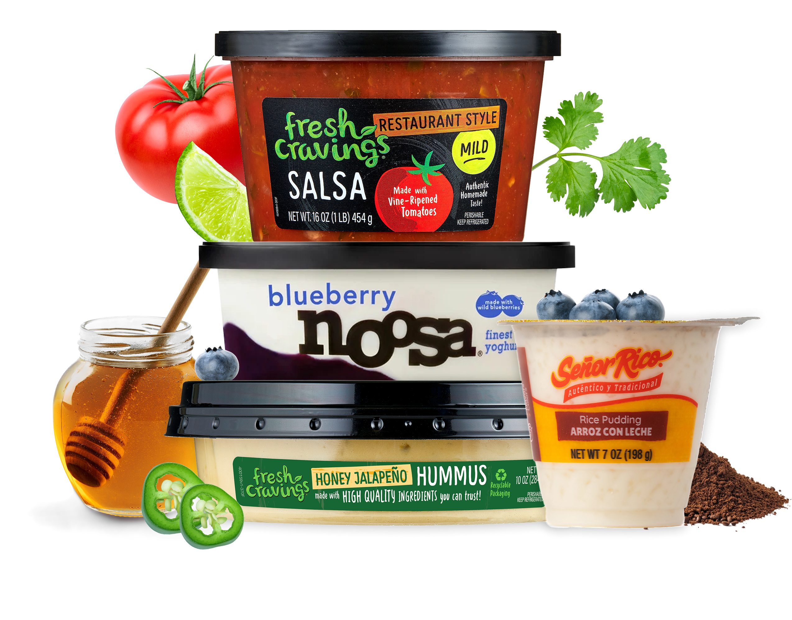 Fresh Cravings mild salsa, Noosa blueberry yogurt, Fresh Cravings honey jalapeño hummus, and Señor Rico rice pudding