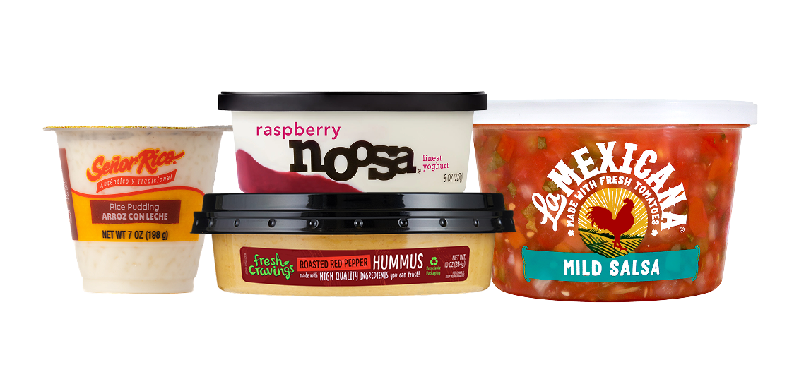 Señor Rico rice pudding, Noosa raspberry yogurt, Fresh Cravings roasted red pepper hummus, and La Mexicana mild salsa products