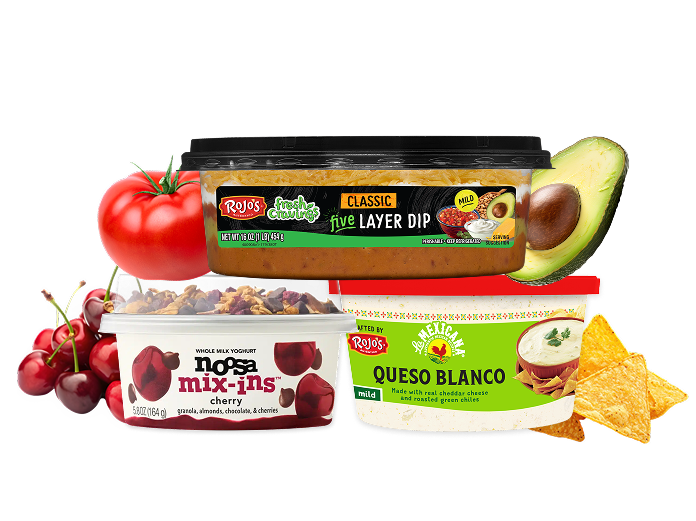 noosa Mix-ins Cherry, Fresh Cravings Five Layer Dip, and La Mexicana Queso Blanco